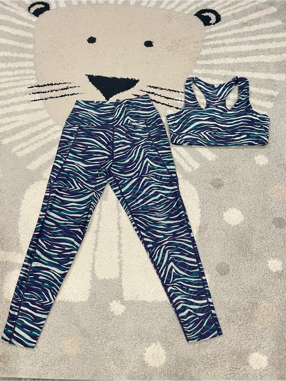 Women's Blue Teal Zebra Print Leggings & Sports Bra Set